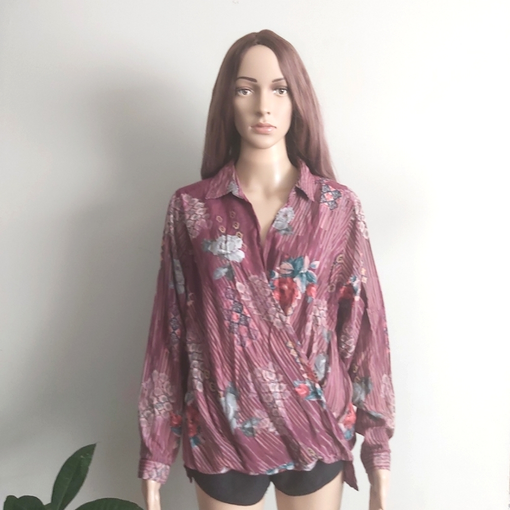 Mahila mauve purple floral blouse faux wrap blouson  long sleeves 100% modal